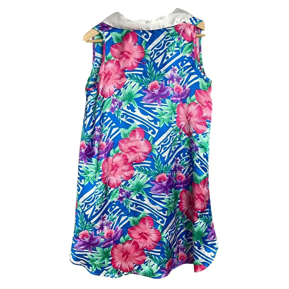 Vintage‎ Floral Blouse Satin Tropical Button-Up Sleeveless Size Small Blue Pink
